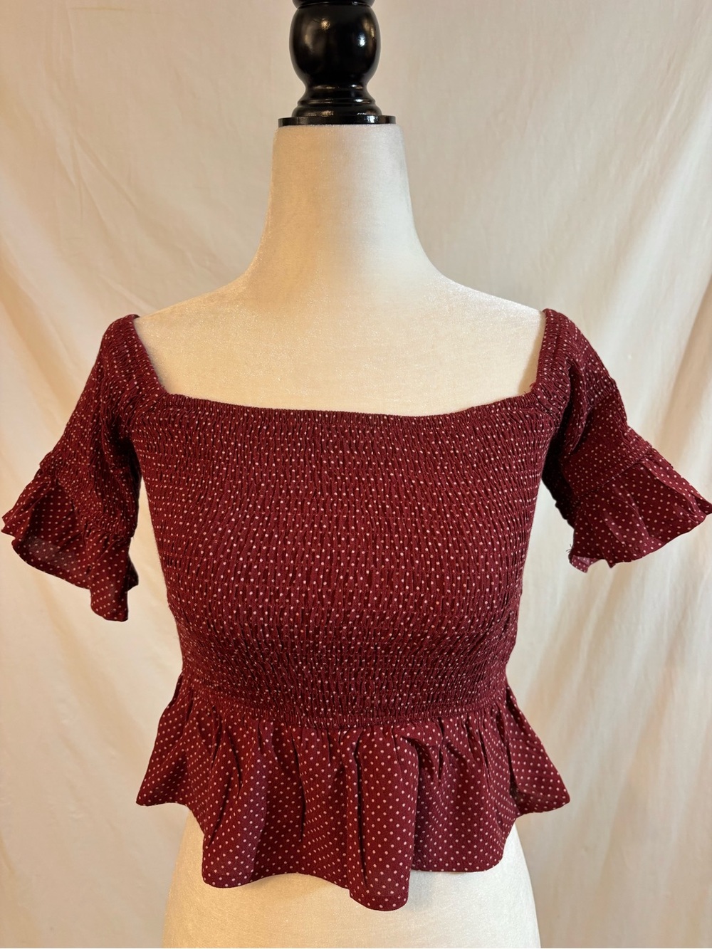 Dress Forum Burgundy Polka Dot Smocked Off Shoulder Peplum Crop Top Cottagecore